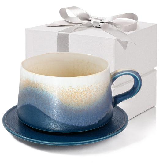 JDCervita SHLK-Ceramic Mug Set, Coffee Mugs with Saucer, 7.4 OZ Coffee Cups for Home and Office