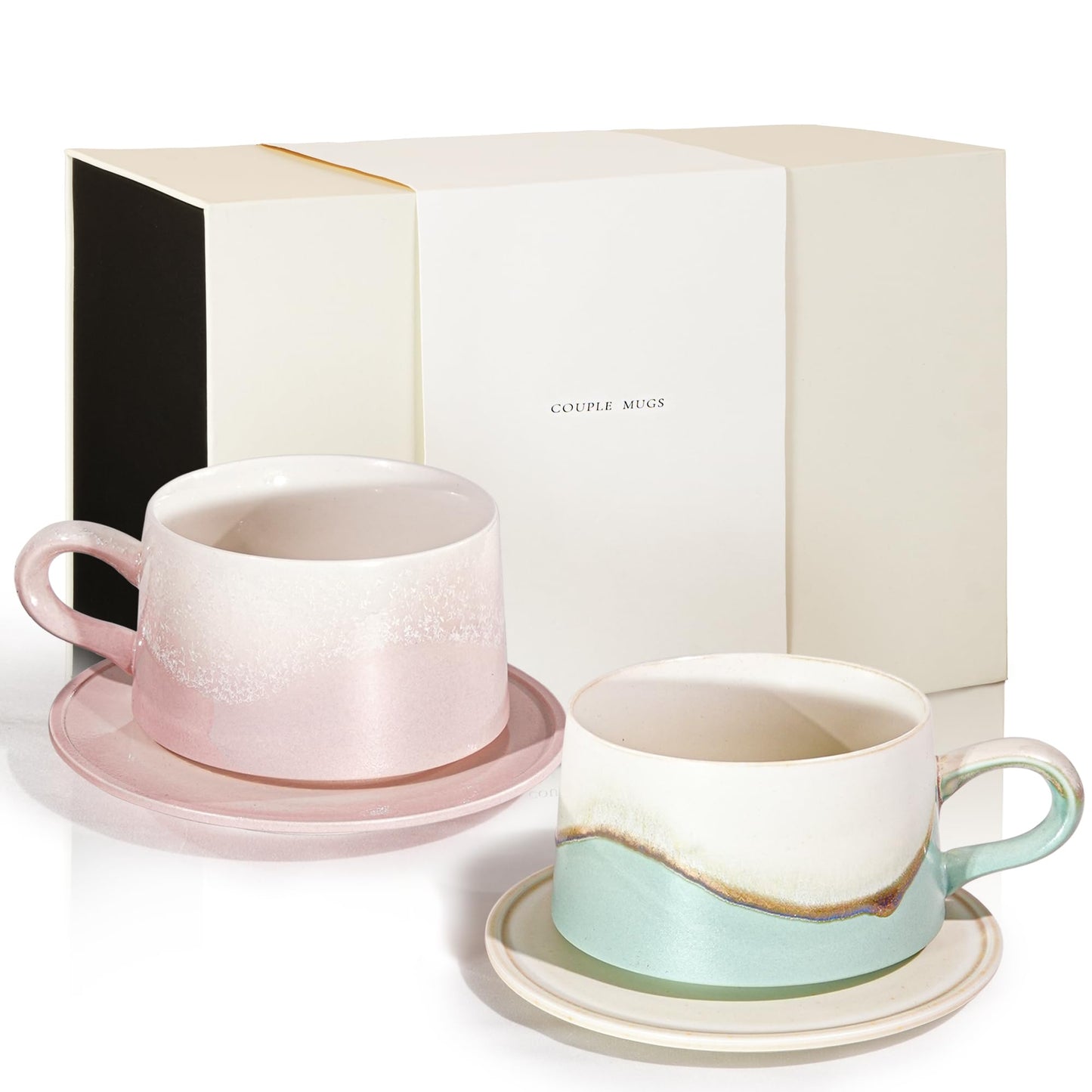 JDCervita Ceramic Coffee Mug Set, 7.44 OZ Coffee Mugs with Saucer, Ceramic Engagement for Couples Newly Engaged Wedding Gifts Married Couples Anniversary, Best Gifts for Women