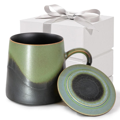 Handmade Ceramic Coffee Mugs, 11.2 OZ Colored Glaze Coffee Cups with Lids, Birthday Gift for Women, Mom, Dad, Friend, Sister, Brother, Dishwasher and Microwave Cups
