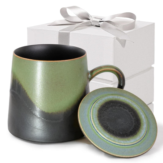 Handmade Ceramic Coffee Mugs, 11.2 OZ Colored Glaze Coffee Cups with Lids, Birthday Gift for Women, Mom, Dad, Friend, Sister, Brother, Dishwasher and Microwave Cups