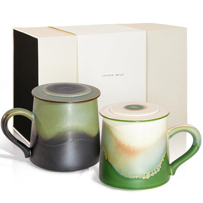 Ceramic Coffee Mug Set of 2, Coffee Mugs with Lid,11.2 OZ Coffee Cup Ceramic Engagement Gifts for Couples Newly Engaged Wedding Gifts Married Couples Anniversary
