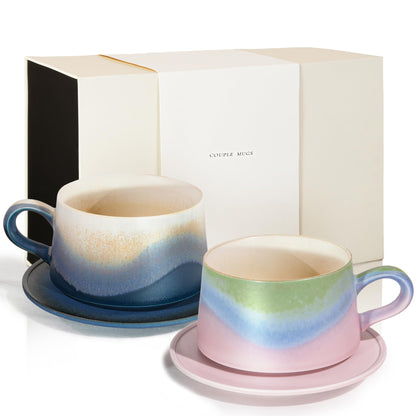 JDCervita Ceramic Coffee Mug Set, 7.44 OZ Coffee Mugs with Saucer, Ceramic Engagement for Couples Newly Engaged Wedding Gifts Married Couples Anniversary, Best Gifts for Women