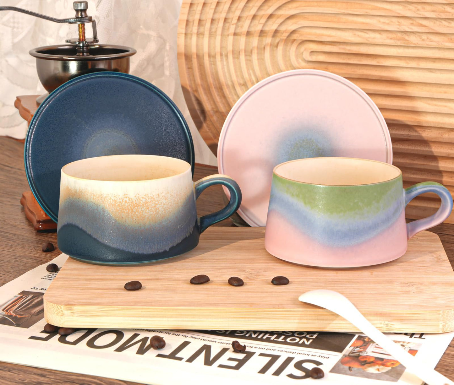 JDCervita Ceramic Coffee Mug Set, 7.44 OZ Coffee Mugs with Saucer, Ceramic Engagement for Couples Newly Engaged Wedding Gifts Married Couples Anniversary, Best Gifts for Women