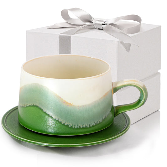 JDCervita SYLK-Ceramic Mug Set, Coffee Mugs with Saucer, 7.4 OZ Coffee Cups for Home and Office